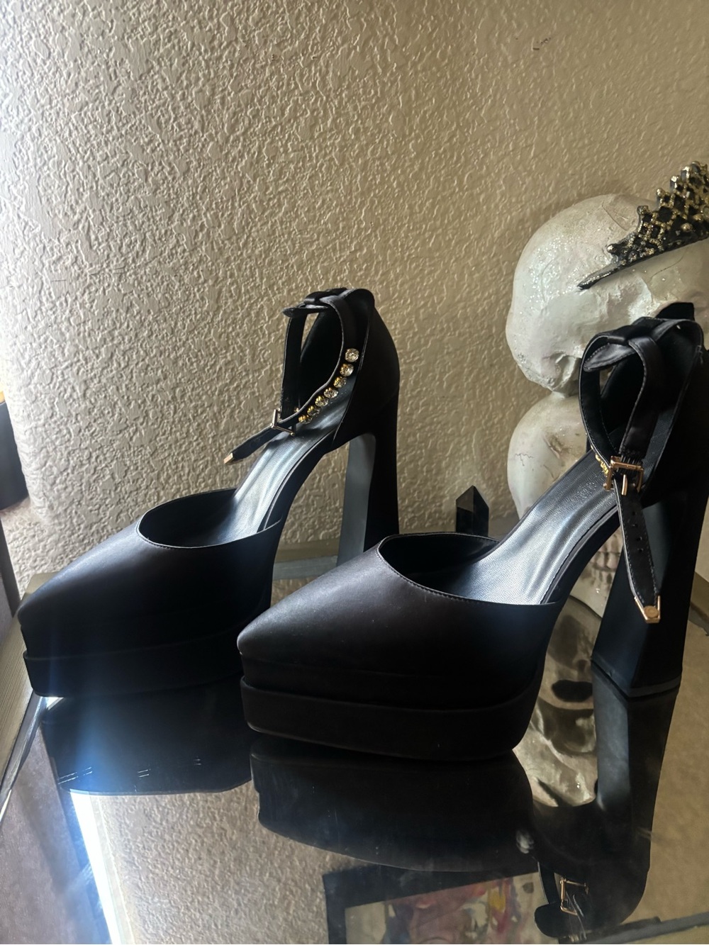 Black Satin Pointed-Toe Ankle Strap Heels